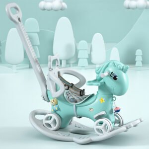 Toddler Unicorn Ride-On Rocking Horse with Push Handle - Blue
