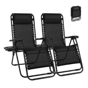 Zero Cravity Lounge Chairs, Outdoor Patio Folding Recliners, Set of 2, Black