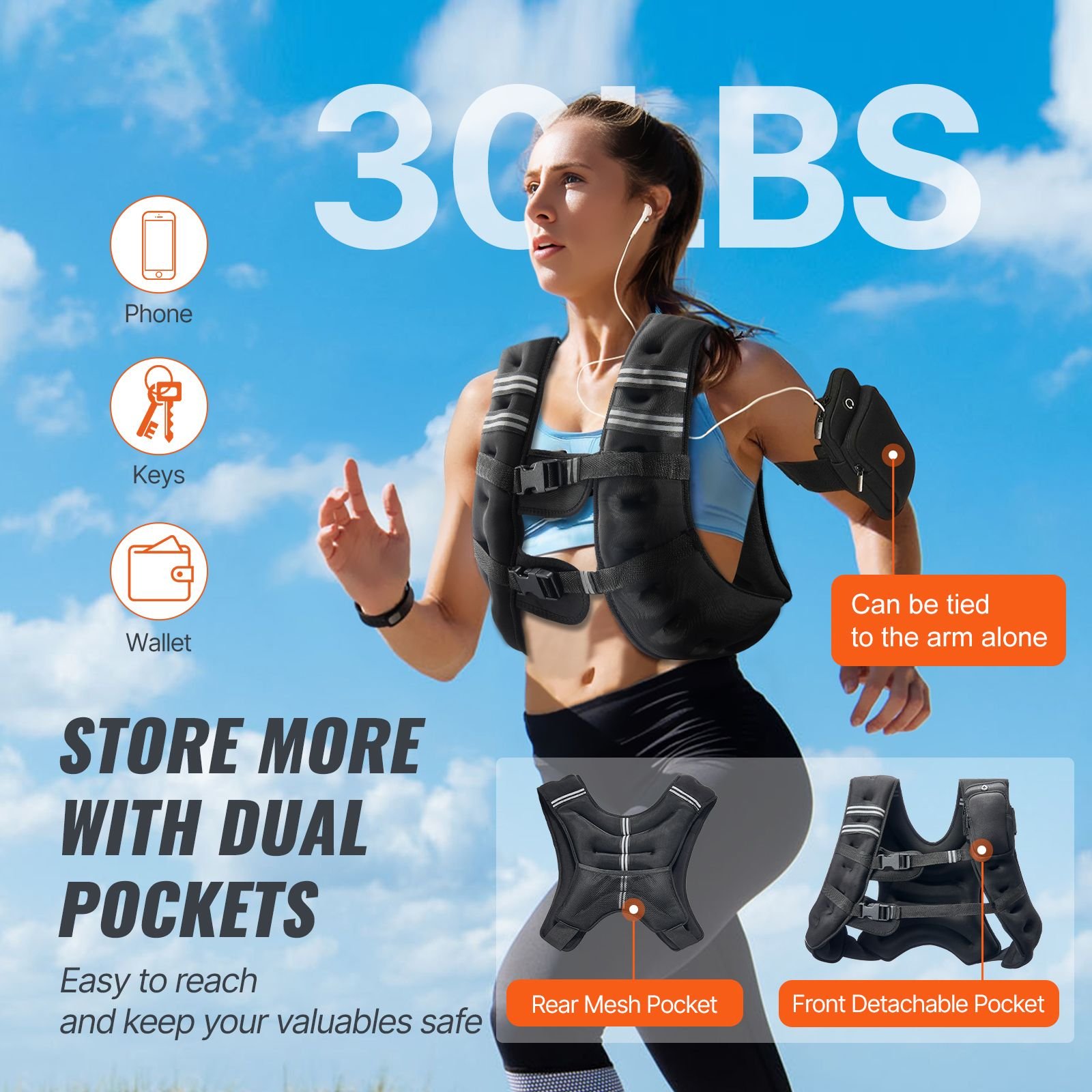 30 lbs Weight Vest with Reflective Stripe, Adjustable Buckle, for Men Women - Image 7