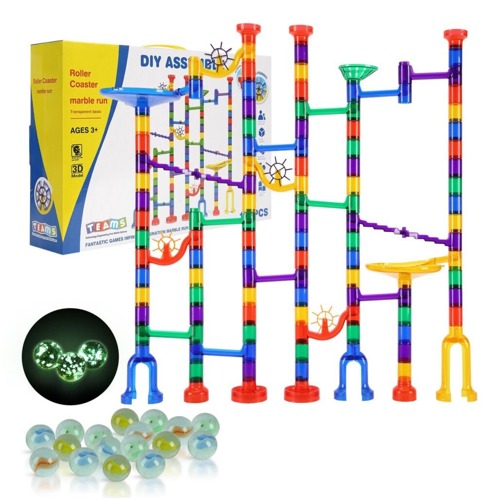 Marble Run Set, 145 Piece Marble Maze Building Block, with 5 Glow in the Dark Marbles + 40 Glass Marbles