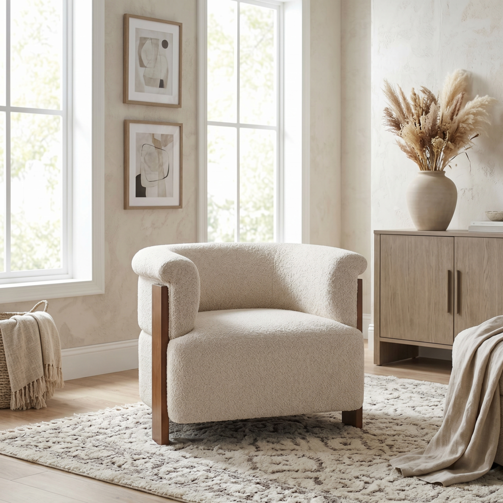 Mid-Century Curved Barrel Accent Chair with Vertical Solid Wood Legs, Almond