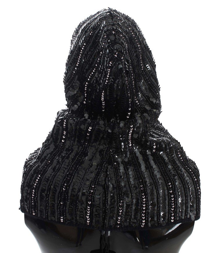 Black Knitted Sequin Hood Scarf Hat - Image 3