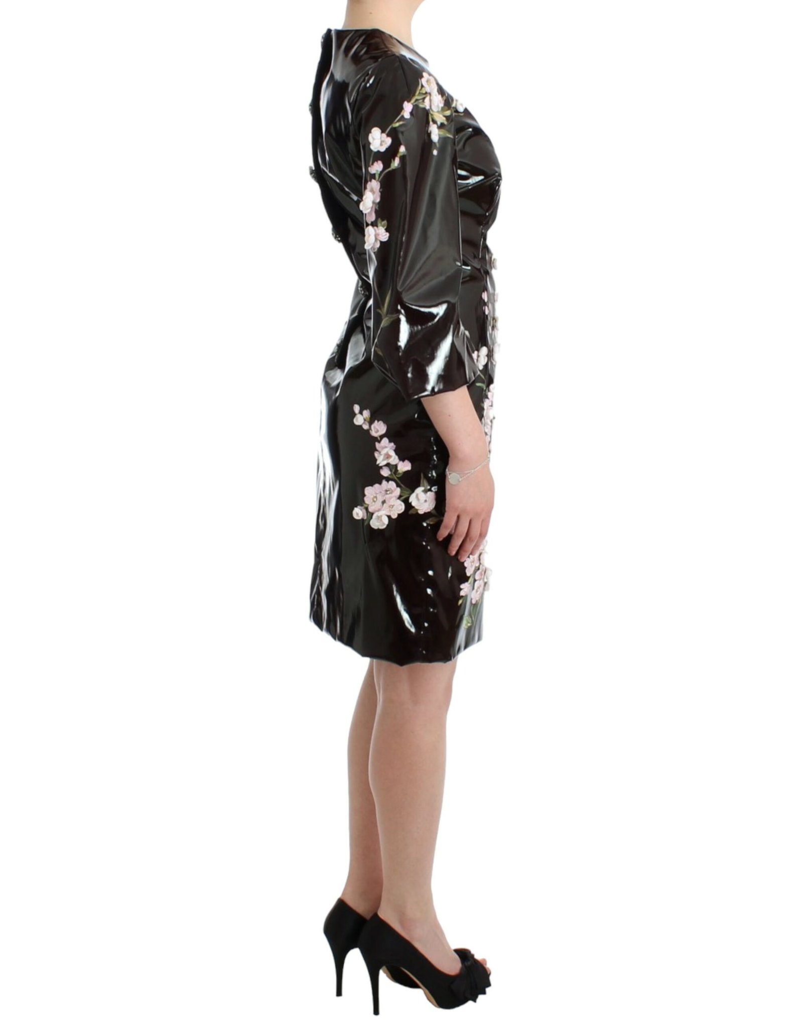 Black patent floral HANDPAINTED dress - Image 4
