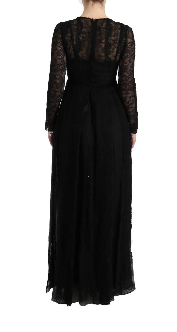 Black Floral Lace Sheath Silk Dress - Image 3