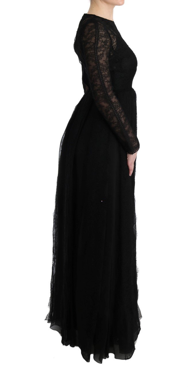 Black Floral Lace Sheath Silk Dress - Image 4