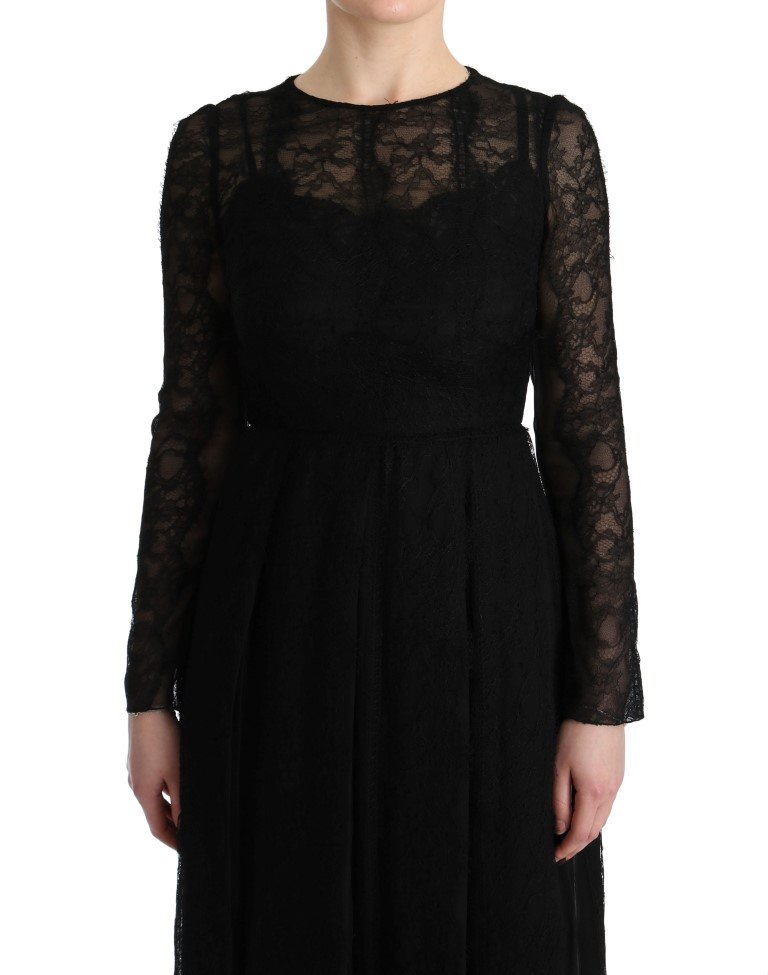 Black Floral Lace Sheath Silk Dress - Image 5