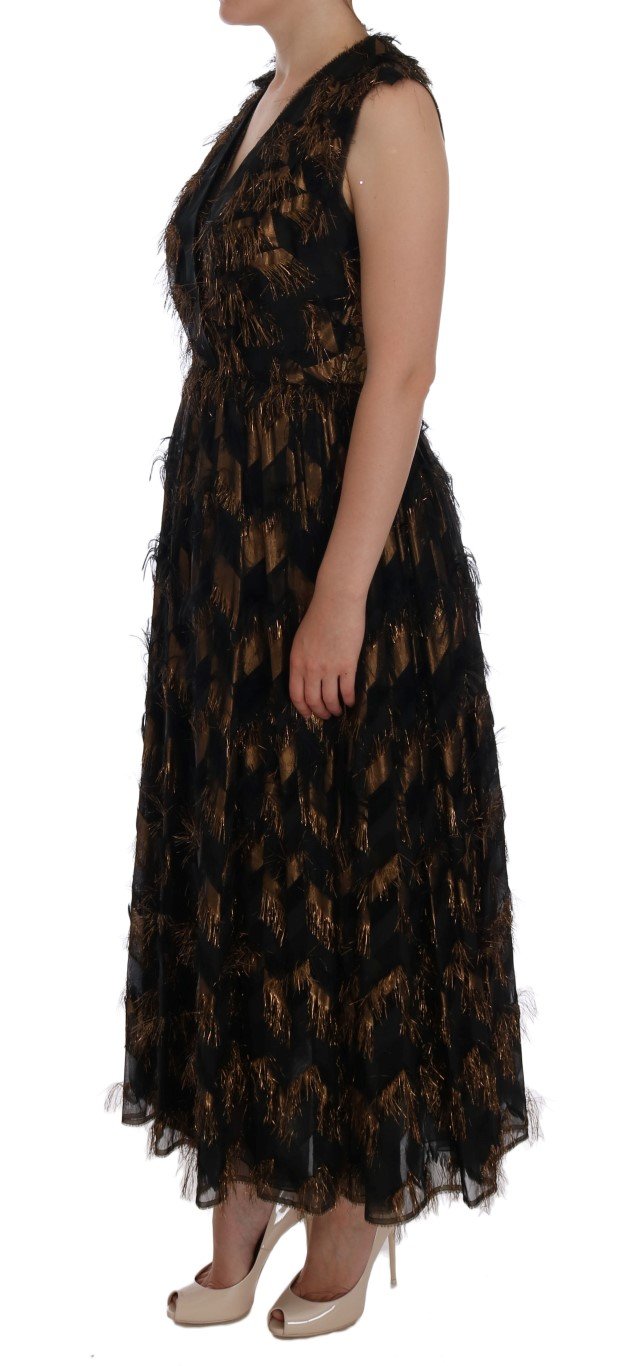 Black Silk Brown Fringes A-Line Dress - Image 2